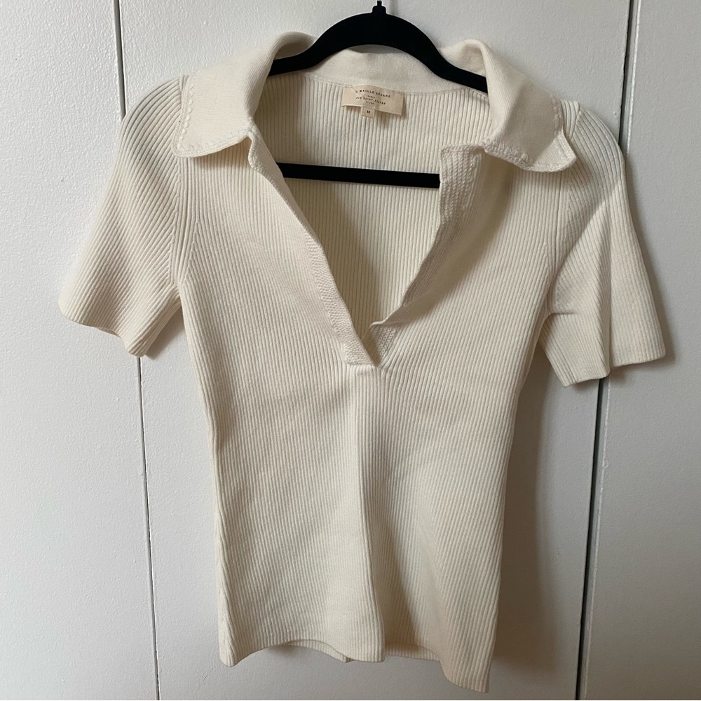 Sezane Ribbed Short Sleeve Polo Top in Cream